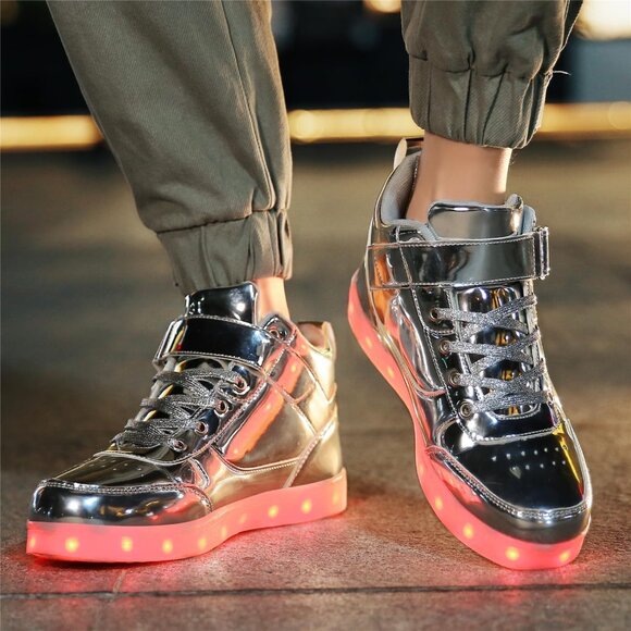 ⚡Unisex Silver High Top Light Up Shoes USB Charging Glowing Luminous LED Sneaker - Picture 2 of 7